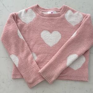 Girls pink and white heart fuzzy sweater